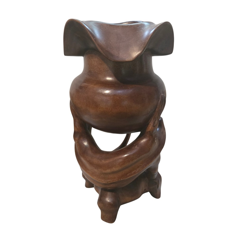 Hand Carved Lizard African Fruit Wood Monkey Pod Ruffled Rim Spiral Base 9.5"